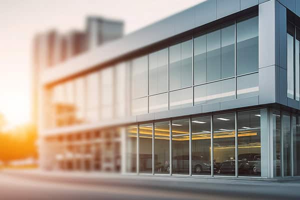 Modernes Schweizer Autohaus mit Glasfassade und Fahrzeugausstellung. Mit Gebäudeautomation.