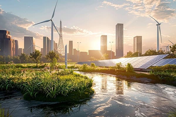 Moderne nachhaltige Stadt mit Windturbinen, Solaranlagen und Grünflächen.