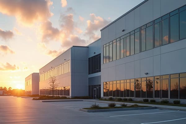 Gewerbeimmobilie mit moderner Architektur und großen Fenstern, für Unternehmen und Büros. Mit Gebäudeautomation.
