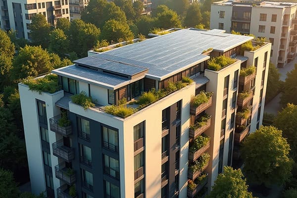 Modernes Wohngebäude mit Solaranlage und begrünten Balkonen.
