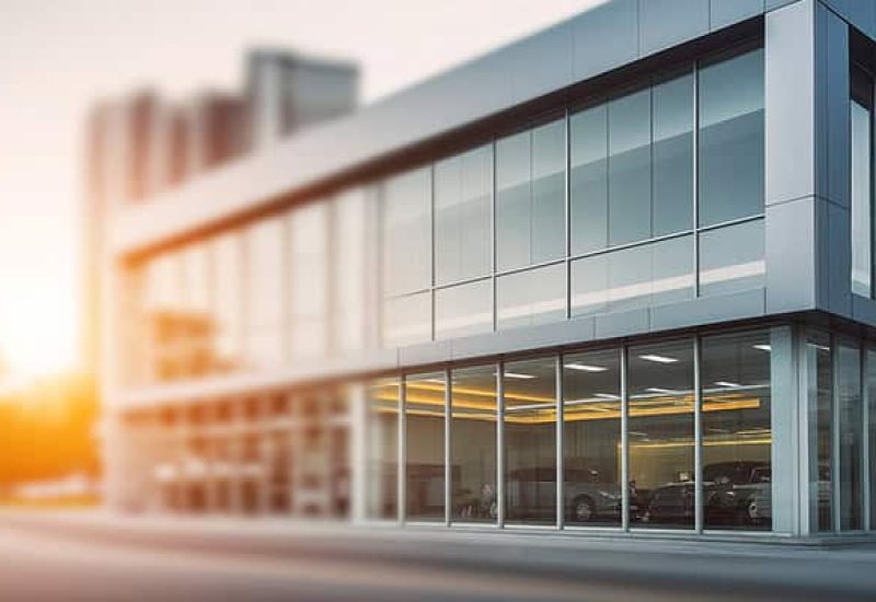 Modernes Schweizer Autohaus mit Glasfassade und Fahrzeugausstellung. Mit Gebäudeautomation.