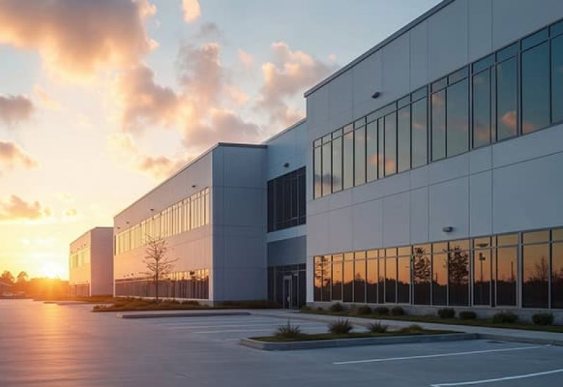 Gewerbeimmobilie mit moderner Architektur und großen Fenstern, für Unternehmen und Büros. Mit Gebäudeautomation.