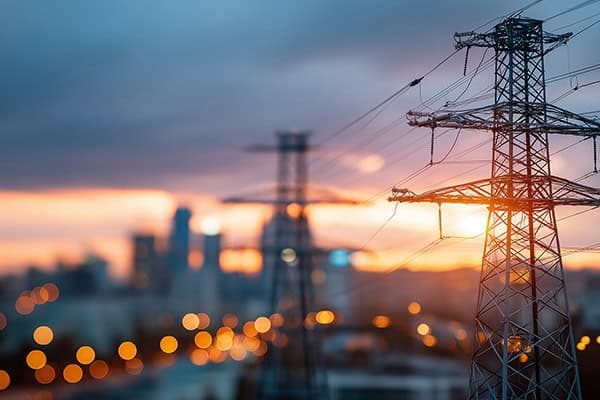 Energieversorger und Stadtwerke mit Hochspannungsleitungen, Stadt im Hintergrund.